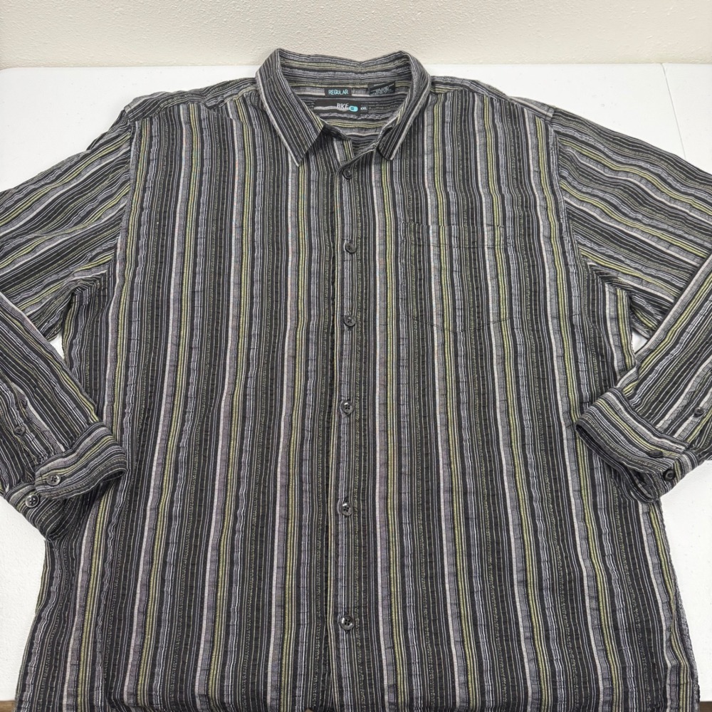 BKE Mens XXL Regular Fit Long Sleeve Striped Button Down Shirt Black Grey Green - Picture 7 of 8